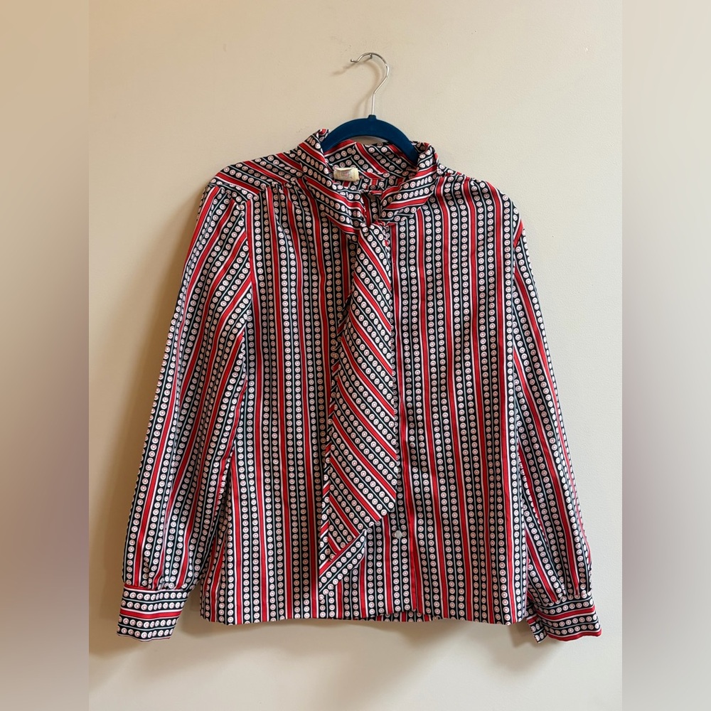 JCPenney Fashions Vintage Geometric Print Button Down Blouse Lavalier Ribbon Tie